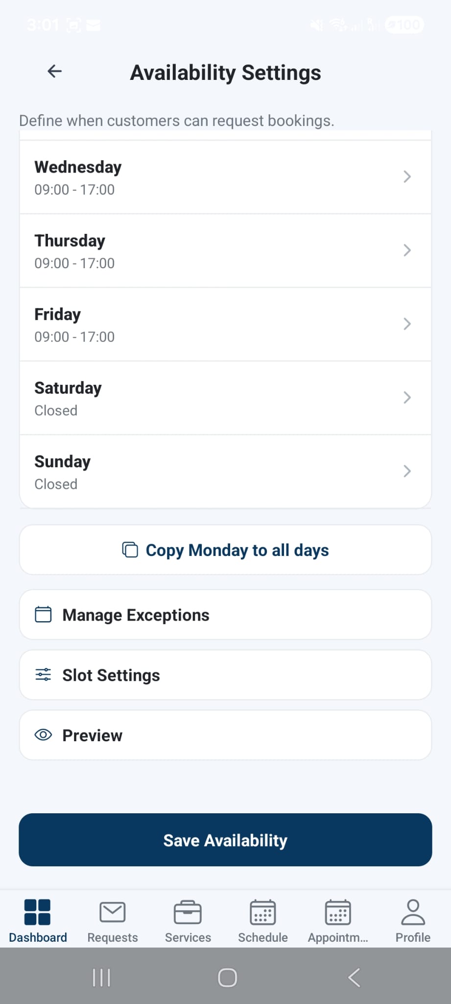 Owo360 availability settings screenshot