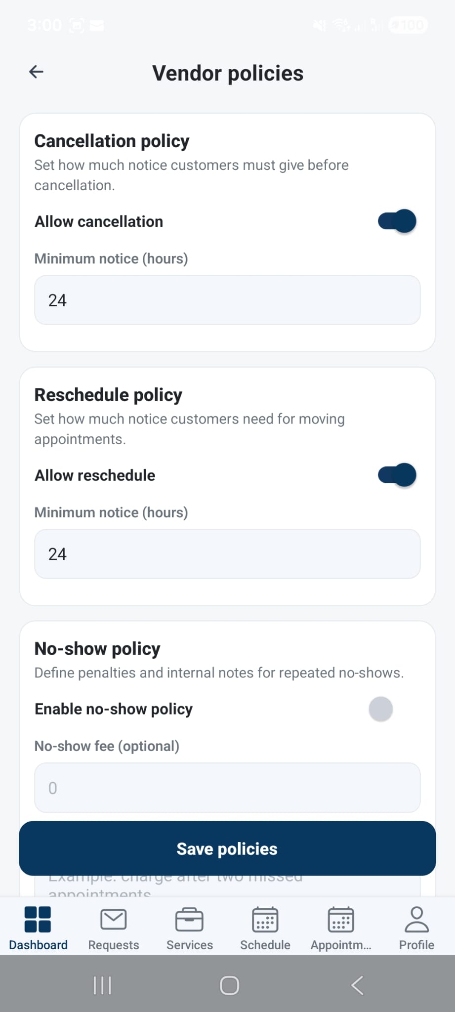 Owo360 vendor policies screenshot